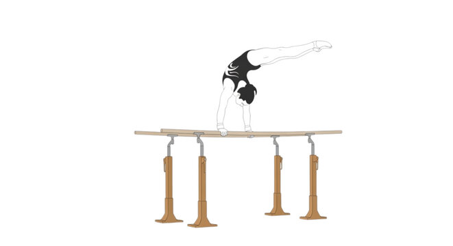 Female gymnast performing handstand on parallel bars balance
