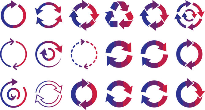 Circular Arrow and Recycle Icon Set with Purple and Red Gradient Refresh Repeat Loop Reset Reload and Process Synchronization Symbols Vector Illustration