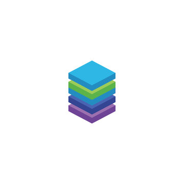Isometric stack of colorful hexagonal layers on white background