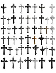 Fototapeta premium Assorted Ornate Christian Crosses Arranged in Grid on White Background