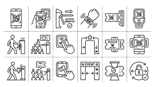 Black line icons set of event tickets and smartphone apps in minimalistic style for web design