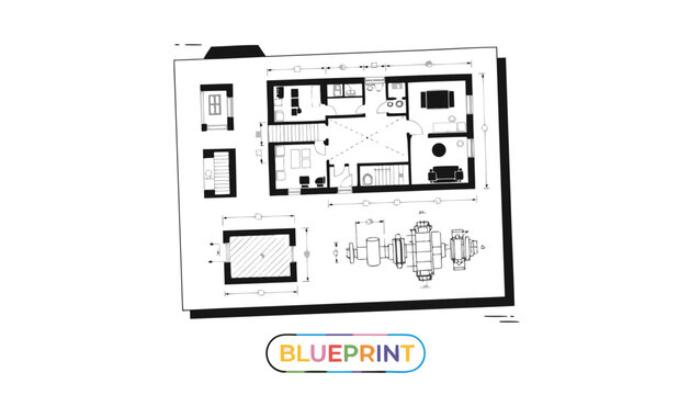 Very beautiful realistic vector illustration of a BLUEPRINT featuring architectural drawings, technical plans, and engineering design elements, isolated on white background, with a colorful label read