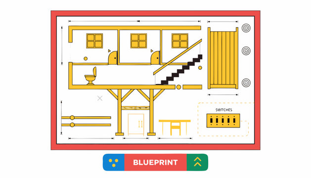 Very beautiful realistic vector illustration of a BLUEPRINT featuring architectural drawings, technical plans, and engineering design elements, isolated on white background, with a colorful label read