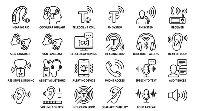Hearing aid sign language icons set in line style for accessibility service