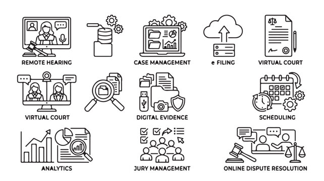 Set of law icons for legal services in line style for business website