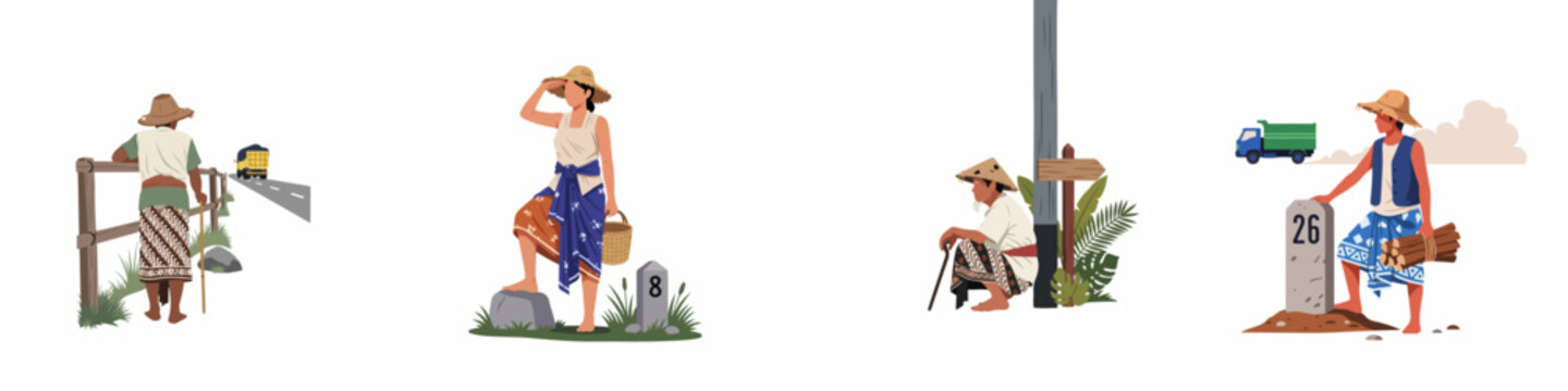 Flat vector illustration set of Indonesian rural villagers in traditional batik clothing, featuring elderly people, a woman with a basket, and a woodcutter.