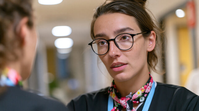  Dissatisfied hotel guest viewed from behind complaining to an attentive staff member about room cleanliness. Close-up over-the-shoulder interaction in a corridor