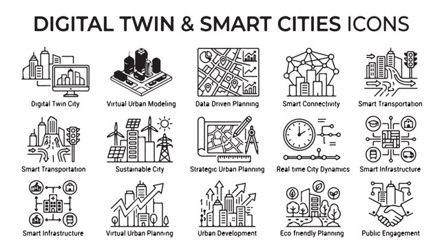 Digital twin smart city icons set in line style for urban planning