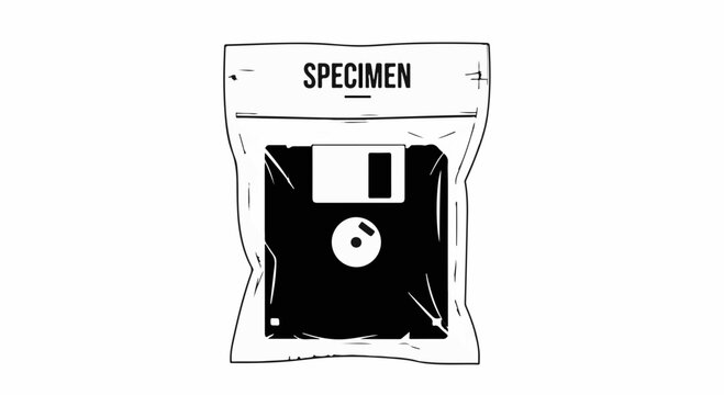 Vintage floppy disk sealed in a specimen bag, symbolizing data preservation and nostalgia.