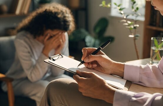 Counseling therapy session illustration with two people communicating in professional office setting showing support guidance observation mental health awareness and care generated ai