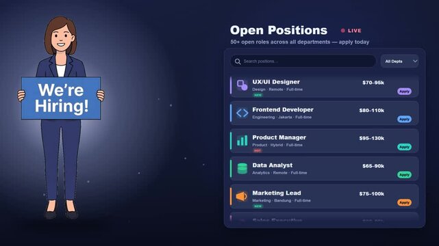 Animated we are hiring recruitment infographic with open job positions and salary listings