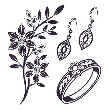 Intricate floral and jewelry illustration with detailed patterns and black and white