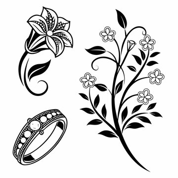 Elegant floral and ring illustration with intricate details and black and white color