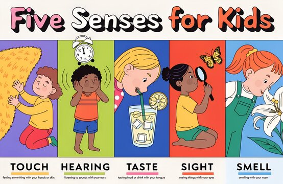 Five senses for kids educational poster with colorful panels showing touch hearing taste sight smell designed for teaching awareness learning classroom illustration generated ai
