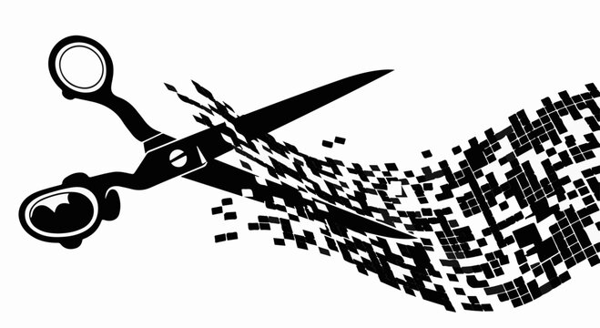 Scissors cutting through digital data, creating a pixelated stream.