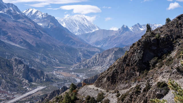 Humde Airport and Manang Valley viewed from the Annapurna Circuit trail, Nepal Himalayas