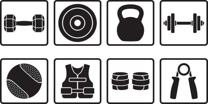 Collection of Fitness and Sports Training Equipment Icons for Gym Workouts and Physical Exercise Routines on white background.