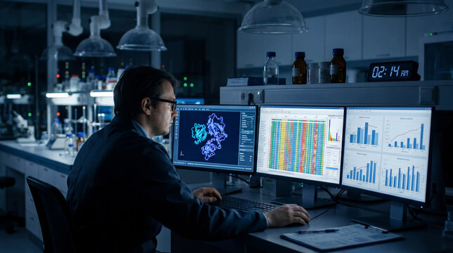 Male Scientist in Bioinformatics Laboratory for Genetic Research at Night