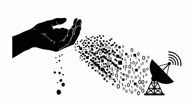 Hand dispersing digital data towards a satellite dish, symbolizing information transfer and connectivity.