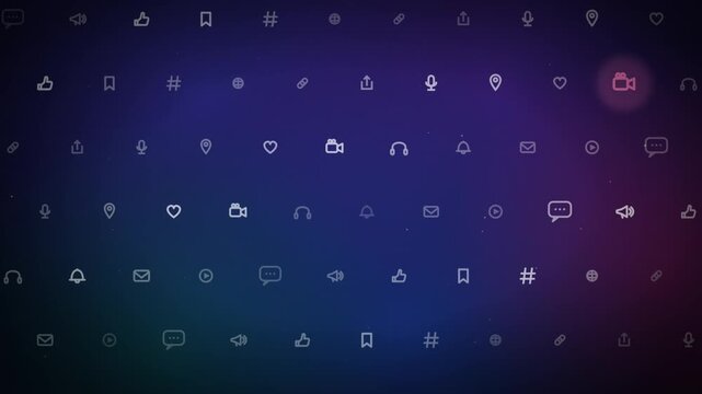 Social media communication icon motion background loop with glowing digital symbols