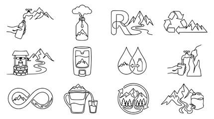 Obraz premium Clean Water Sustainability Icons: Mountains, Recycling, Drops, Faucet, Well, Infinity