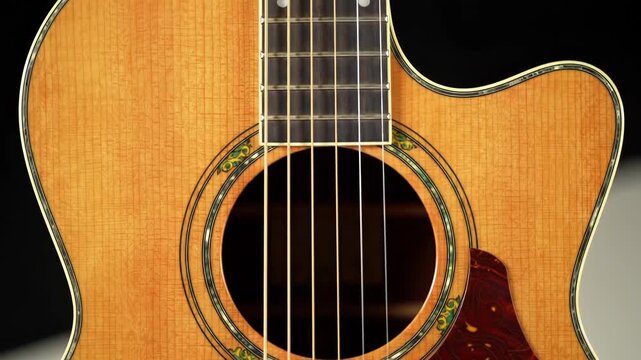 Closeup of an acoustic guitar body showing the sound hole, strings, pickguard, and wood grain detail
