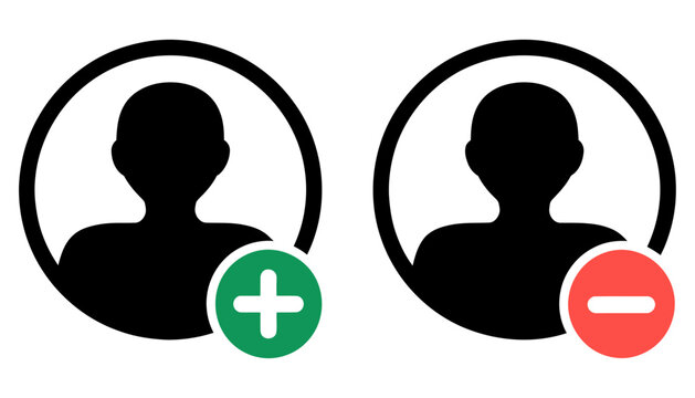 User account add and remove icons, social media profile management vector button set