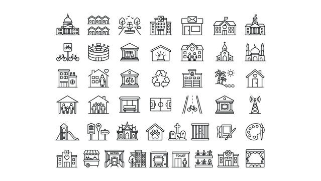 Comprehensive collection of community buildings and city infrastructure line icons for urban development design projects