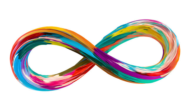 The infinity symbol is depicted with colorful, flowing brush strokes of paint on a white background, creating a spectrum of hues.