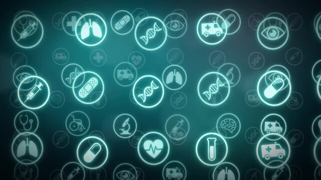 Glowing medical healthcare icon background loop with hospital and laboratory symbols