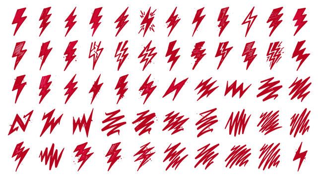 Collection of red lightning bolt icons in various styles and sizes