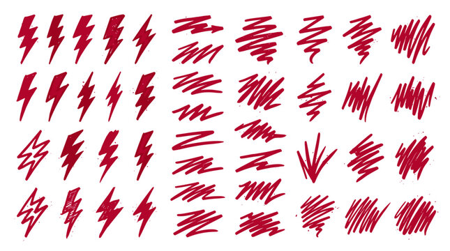 Collection of red lightning bolt sketches and scribbles in various styles and directions