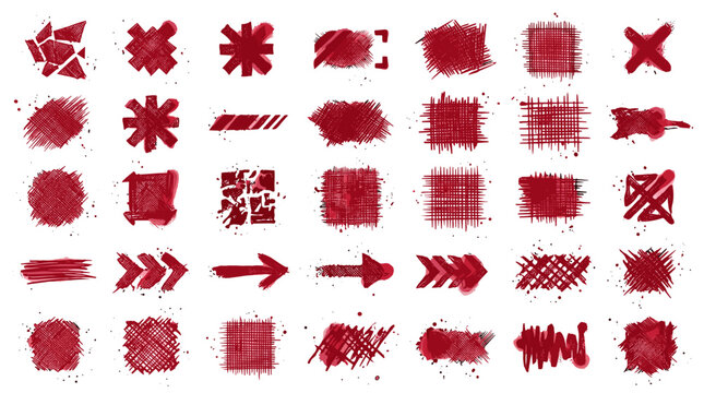 Collection of red grunge stamps and icons with various shapes and textures for design