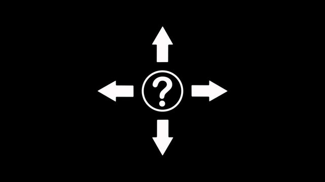 Animated indicating directional arrows choices against with question mark icon on black background. Question mark and arrows representing choice decision making navigation and uncertain direction