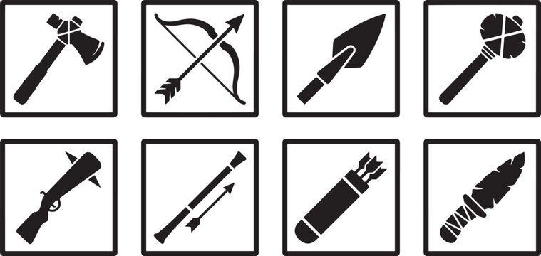Collection of Primitive Weapons and Tools Icons, Featuring Axe, Bow and Arrow, Spear, Mace, Musket, Arrows, and Knife.