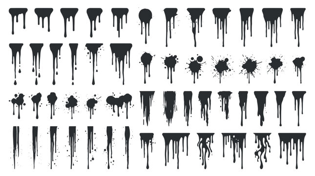 Collection of black ink splatters and drips on for artistic design