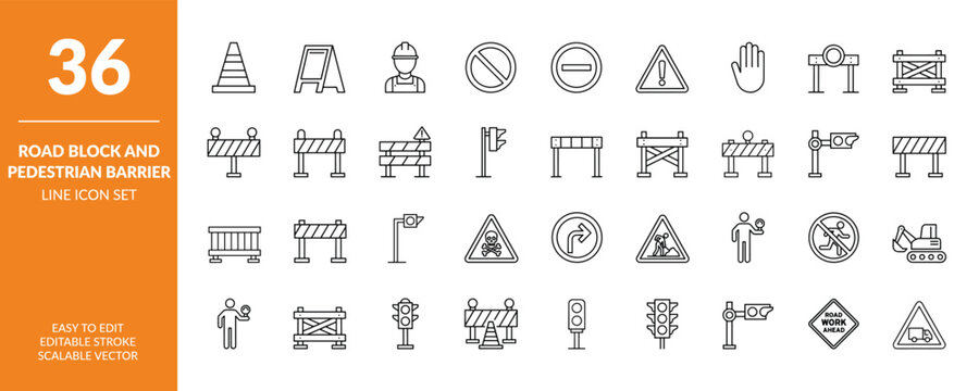 Road block and pedestrian barrier line icon set, vector illustration