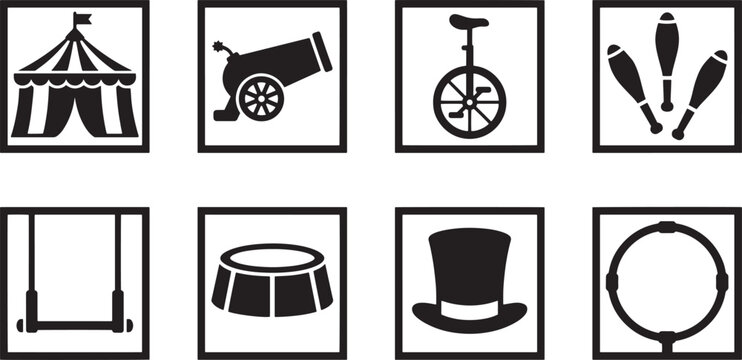 Circus icon set with tent, cannon, unicycle, juggling clubs, trapeze, and top hat on white background.