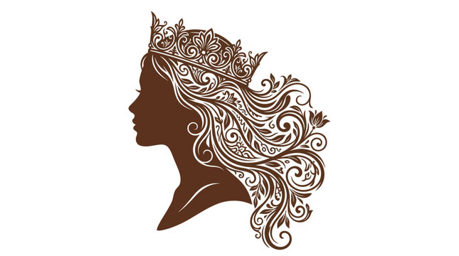 Elegant brown vector illustration of a profile silhouette woman wearing a decorative ornate royal crown
