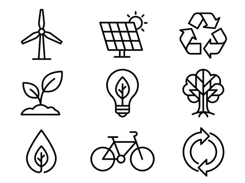 Sustainable Ecology and Green Energy Vector Line Icon Set