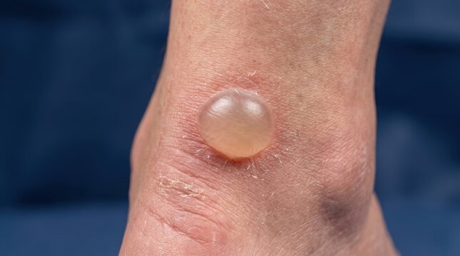 Close up of a large clear fluid filled blister on human skin