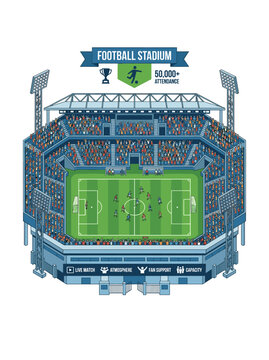 Vibrant Flat Design Vector Illustration of a Football Stadium with Live Match Action and Crowded Fan Attendance soccer players fans