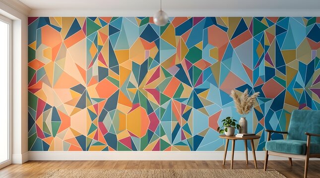 Modern living room interior featuring a colorful geometric abstract wallpaper mural on a large accent wall