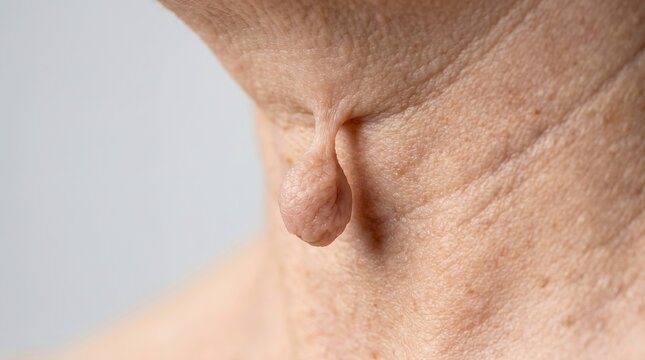 Close up of a large skin tag or benign fibroma on human neck