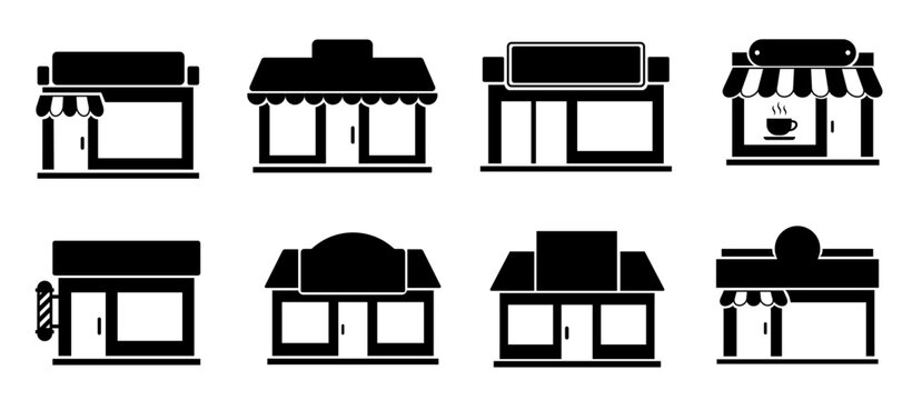 Black and white  storefronts of various small businesses and cafes in a cartoon style isolated on white background
