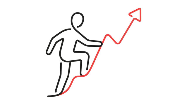 Stick figure climbing up a red rising arrow graph line art style .eps