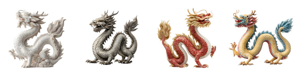 Fototapeta premium Collection of Detailed Drawings of Mythical Asian Dragons in Various Colors, Isolated on White Background, Fantasy Creatures, Traditional Art Style