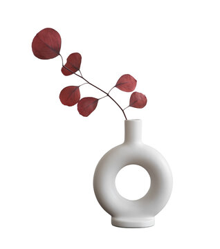 Trendy white vase with red plant isolated on transparent PNG and white background, isolated design element for stylish home and office interior design