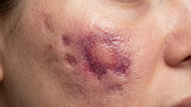 Close up of severe dark bruise or hematoma on female facial skin
