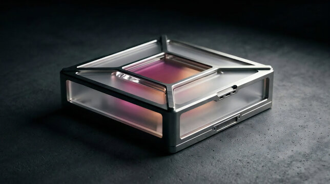 Minimalist titanium quantum processing module with magenta and amber glow